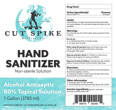 Alcohol 80% V/v. Purpose: Antiseptic (Cut Spike Hand Sanitizer Label Jpeg 2)
